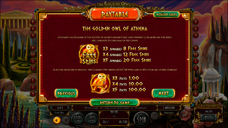 Таблица выплат слота The Golden Owl of Athena